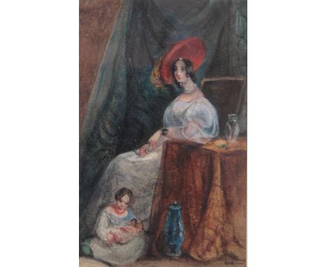 19th century miniature watercolour, portrait of a woman and child, indistinctly signed, 4.5" x 3", framed.