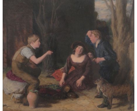 Thomas Webster (1800-1886),oil on porcelain, woman and children playing in a woodland clearing, signed, 15" x 17", framed.