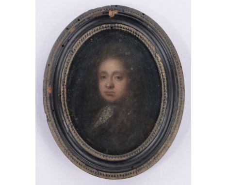 An 18th century miniature oil on copper, portrait of a gentleman, unsigned, 3" x 2.25", framed.