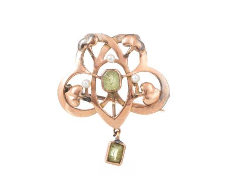 PERIDOT AND SEED PEARL BROOCH of openwork form, with makers mark