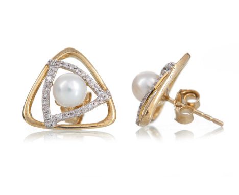 PAIR OF PEARL AND DIAMOND EARRINGS set with a central spherical pearl within an openwork diamond set mount, marked 9K