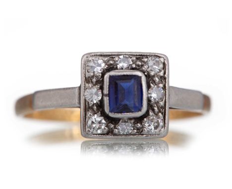 SAPPHIRE AND DIAMOND SQUARE PANEL RING set with a central sapphire bordered by small diamonds, indistinctly marked, size N 1/