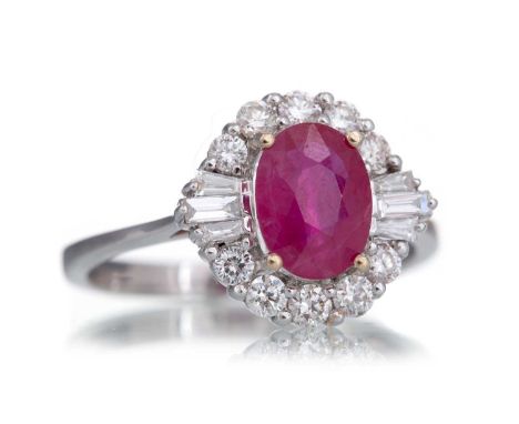 RUBY AND DIAMOND RING set with central oval ruby flanked by round and tapered baguette cut diamonds, marked 750, size NQty: 3