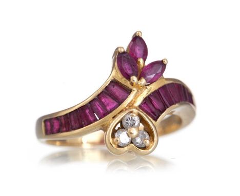 RUBY AND DIAMOND RING set with tapered baguette and marquise rubies totalling approximately 1.93 carats, with three round bri