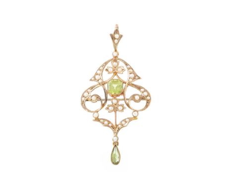 PERIDOT AND SEED PEARL HOLBEIN set with an octagonal and a pear shaped peridot, the mount set with seed pearls, marked 9CT