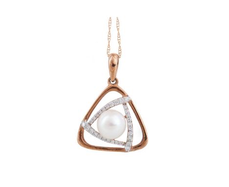 ROSE GOLD PEARL AND DIAMOND PENDANT set with a central spherical pearl within an openwork diamond set mount, on a chain marke