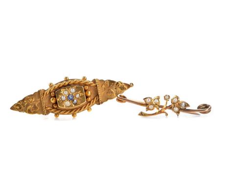 TWO BAR BROOCHES each with seed pearl decoration, one marked for nine carat gold, the other unmarkedQty: 2