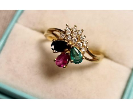 18ct Gold, Diamond, Ruby, Sapphire &amp; Emerald Dress Ring, 3.45g &amp; size R