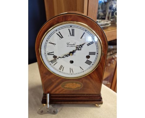 Comitti of London Inlaid Wood Mantel Clock w/a Franz Hermle German movement - 28cm high