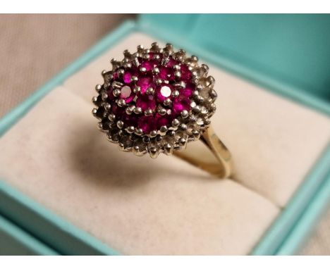 9ct Gold, Ruby &amp; Diamond Cluster Ring - 5.25g &amp; size O