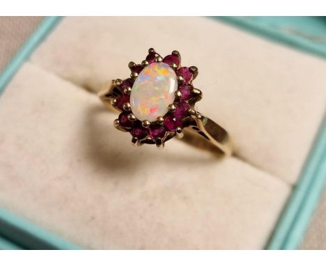 9ct Gold, Opal &amp; Ruby Cluster Ring, 2.6g &amp; size M