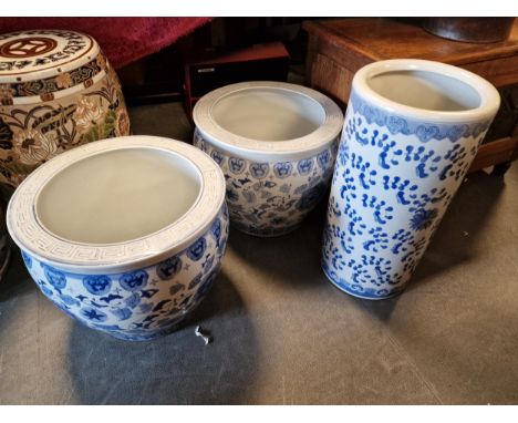 Chinese Blue &amp; White Planter and Stick Stand Set