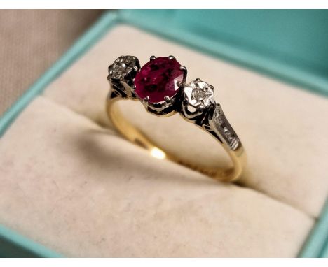 18ct Gold, Ruby &amp; Diamond Trilogy Ring, 2.65g &amp; size M