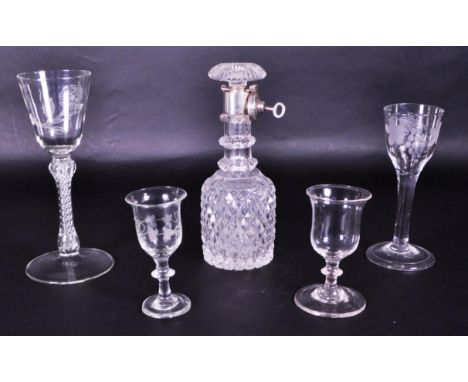 Collection of 18th / 19th century George II and III liqueur and sherry glasses, three of which with acid etched designs such 