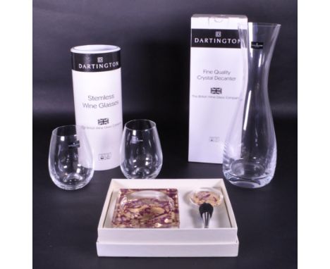 Contemporary Dartington crystal wine decanter, two stemless wine glasses and a Fringe Home crystal wine stopper and coaster. 
