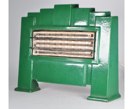 An early 20th century Art Deco electric heater. Circa 1930s, the heater with green enamel finished angular design. Heat grill