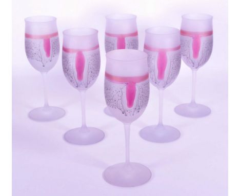 A collection of six vintage mid 20th century tutti frutti wine glass flutes. Each raised on rounded base, with frosted finish