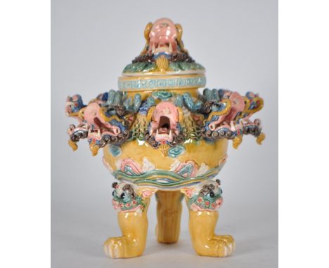 A vintage 20th century Chinese ceramic dragon incense burner / censer bowl. Having dragon finial lid with multiple dragon hea