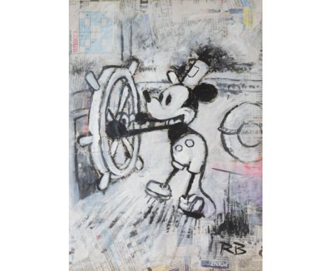 Richard Bazley (British, b.1962) - 'Steamboat Willie 2' - mixed media acrylic and newspaper on canvas. Signed to the corner. 