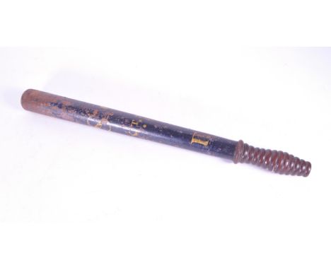19th century black painted turned wood Police truncheon with gilt lettering 'S C' Special Constable, with ribbed grip, marked