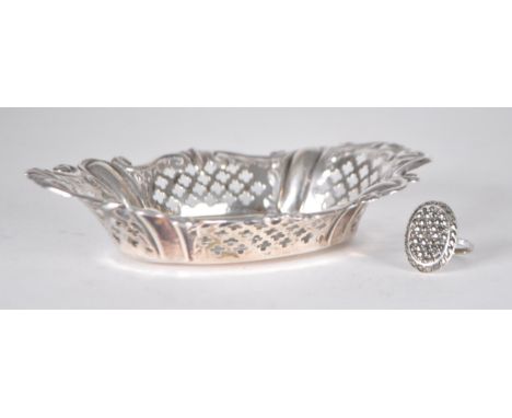 Silver - A Sheffield 1907 silver bonbon / pin dish with ornate pierced sides, accompanied by a sterling silver and marcasite 