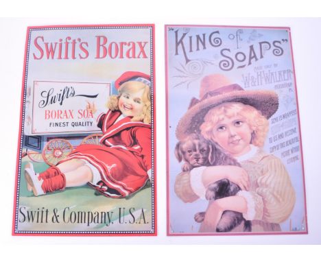 Two vintage style metal advertising point of sale signs. King of Soaps, made by W &amp; H Walker, Pittsburgh. Together with a