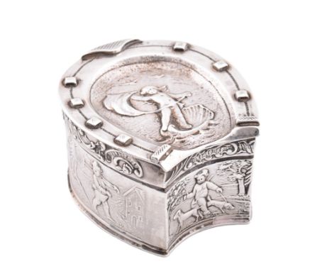 A 19th-century 925 silver trinket/pill box. The box in the form of a horseshoe having repousse decoration to hinged lid and b