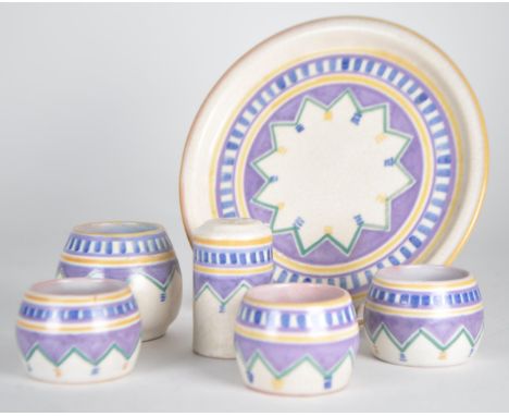 Poole Pottery - Mid century pottery earthenware red clay cruet / condiment set. Including a small dish with pepper shaker, sm