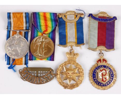 A WW I British War and Victory duo, naming 6801 PTE. A. PLUMMER. MIDD'X R., together with a Middlesex shoulder title and two 