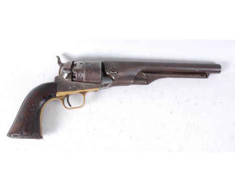 A Colt Army revolver, 1860 pattern, the 20cm barrel with remains of New York address, having a brass trigger guard, two piece