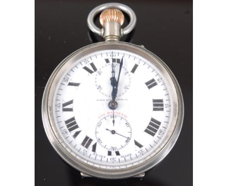 A West End Watch Co nickel cased military pocket stop watch, having an enamel dial with Roman numerals and two subsidiary sec