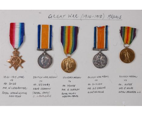 A collection of five WW I medals, to include 1914-15 Star, naming 2043 PTE. W. LEADBETTER. R. WAR. R., British War medal x2, 