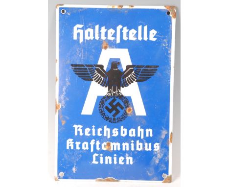 A German enamelled wall plaque, titled "haltestelle" with a black eagle and swastika over A, 30 x 20cm.Condition report: This
