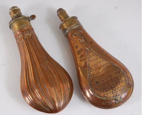 A 19th century copper powder flask of fluted bag shape by G &amp; J.W. Hawksley of Sheffiled, together with one other 19th ce