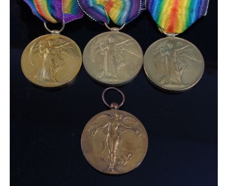 A collection of three WW I Victory medals, naming 2338 PTE. W.H.H. LEA. 4 - LOND. R., 78797 GNR. G.H. HANN. R.A. and MAJOR T.