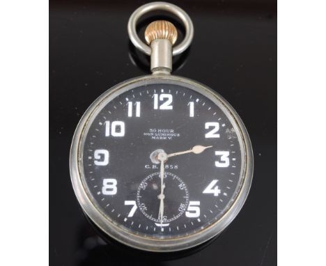 A WW I Royal Flying Corps nickel cased cockpit watch, having a black enamel dial with Arabic numerals and subsidiary seconds 