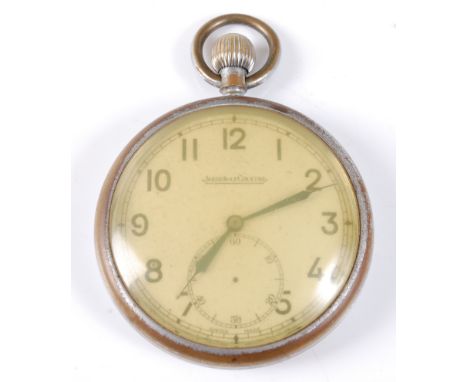 A Jaeger-LeCoultre military issue nickel cased open faced pocket watch, having an enamel dial with Arabic numerals and subsdi