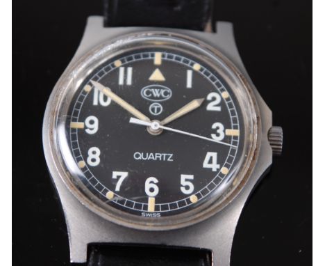 A gentleman's CWC (Cabot Watch Company) military issue steel cased Quartz wristwatch, having a black dial with Arabic numeral