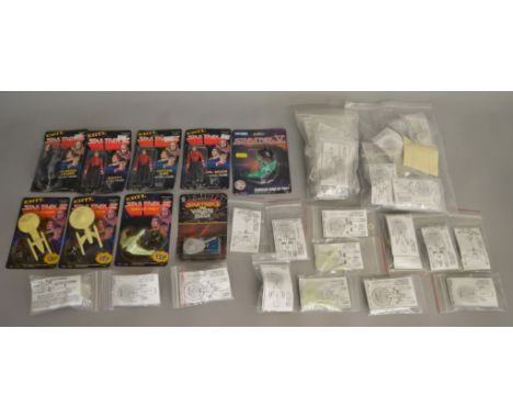 9x Ertl Star Trek vehicles and figures, all carded. Together with a quantity of plastic Star Fleet Battle manual game pieces,