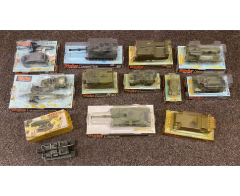 12x Vintage Dinky Toys military related models, all boxed. Including a French #883 Char AMX Poseur De Pont.