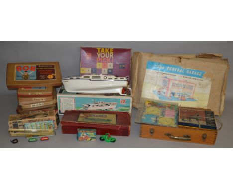 A good quantity of vintage toys including eight boxed BOB construction sets and a child's tool set in wooden carry case, toge