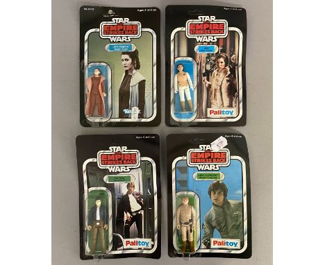 4 vintage Star Wars figures still sealed on ESB The Empire Strikes Back backing cards: Leia Organa (Bespin Gown), Leia (Hoth 