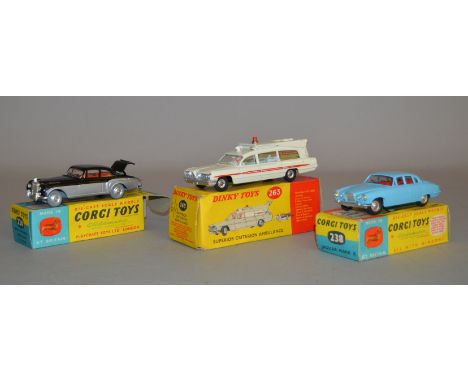 2x Corgi Toys: #224 Bentley Continental, #238 Jaguar Mark X together with a Dinky Toys #263 Superior Criterion ambulance, all