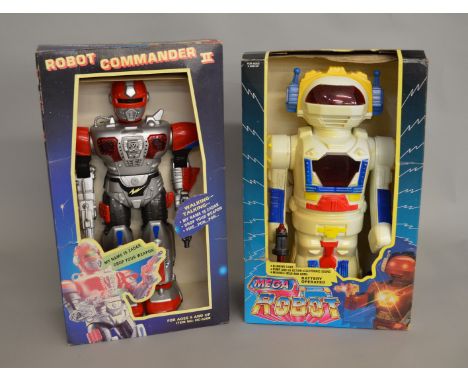 2x large vintage robot figures: Mega Robot and Robot Commander II, both boxed.