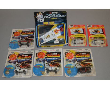 6x Corgi James Bond 007 models, all with cards together with Corgi #647 Buck Rogers starfighter, boxed (7). Condition Report: