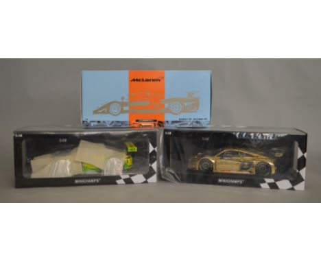 3x Minichamps 1:18 scale models including Limoted Edition Mclaren F1 GTR Gulf Team Davidoff, Porsche 911 GT3 R, Audi R8 LMS, 