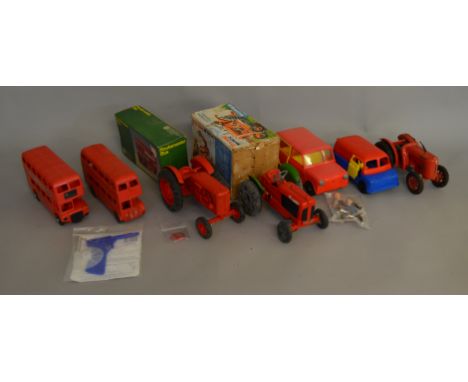 A mixed lot of vintage plastic body toys including a boxed Tri-Ang Minic Tractor and Rosedale Routemaster Bus (8)