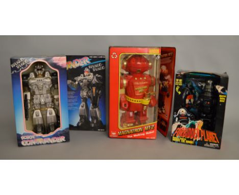 3x Large vintage robots, all with boxes. including New Bright Magnetron Mt-2 Walking Robot and Forbidden Planet bobby The Rob