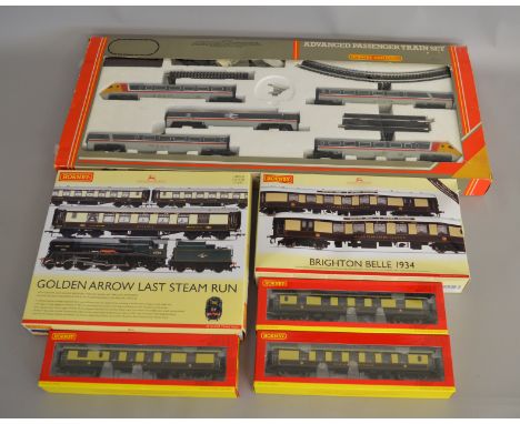 OO Gauge. 6x Hornby Train sets and rolling stock including Brighton Belle 1934 set and Golden Arrow Last Steam Run, all boxed