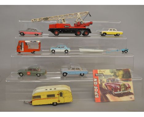 9 unboxed Tri-ang Spot On diecast models with varying degrees of play wear, all appear to have original paintwork apart from 